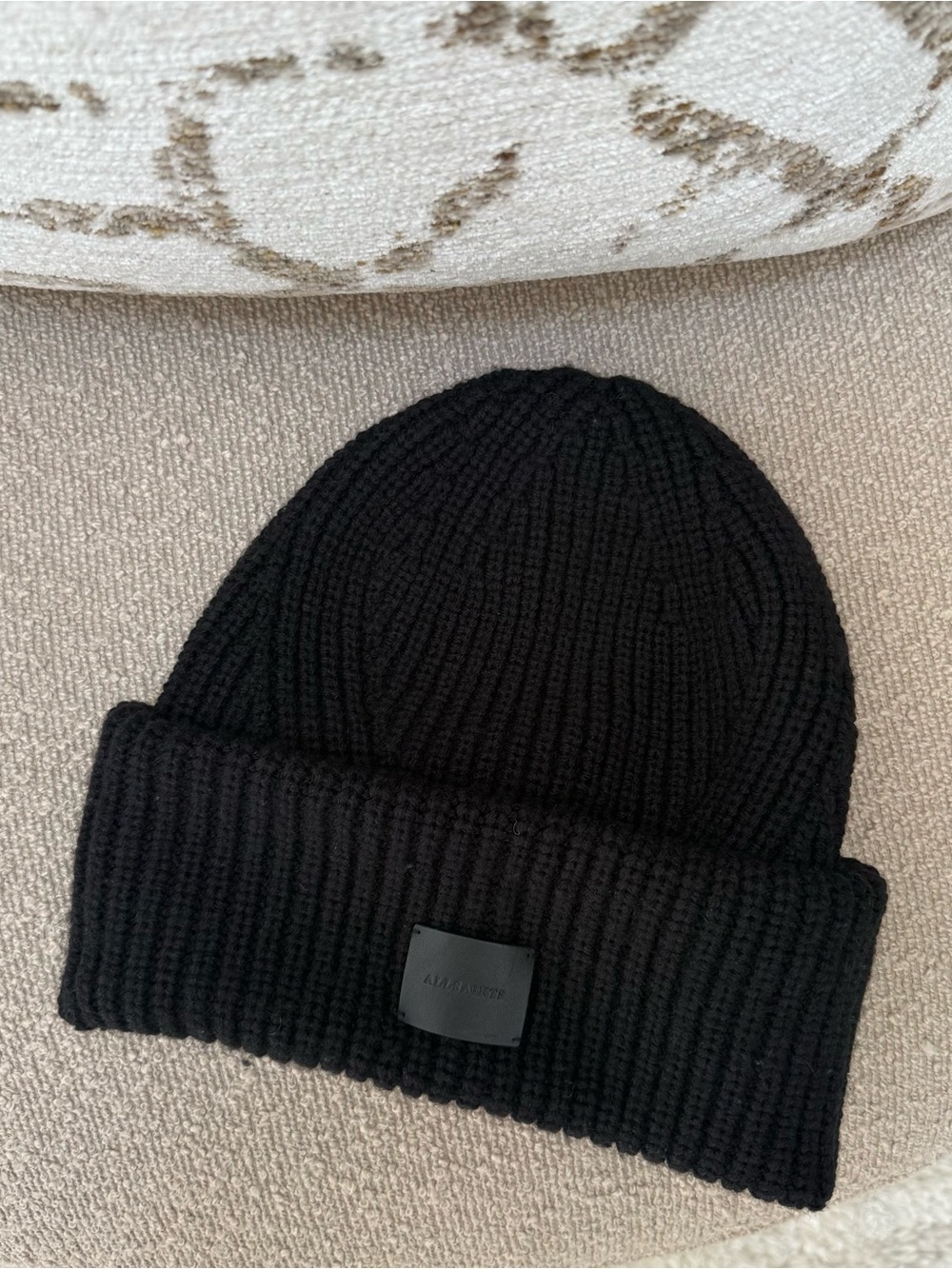All Saints Black Ribbed Fold-Over Beanie Wool Ribbed
